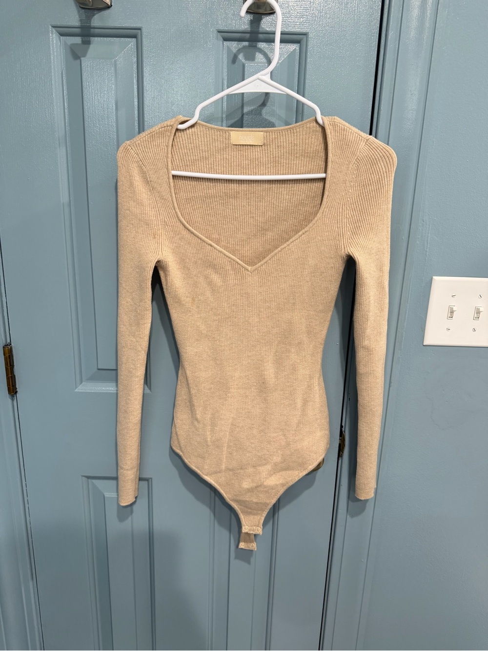 nuuds Beige Ribbed V-Neck Long Sleeve Bodysuit